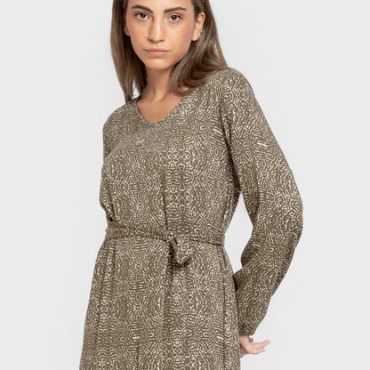 Vestido midi de manga comprida em viscose com decote em V e estampa de dálias em verde-caça.