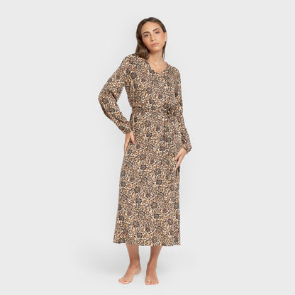 Vestido midi Sophie em viscose com mangas compridas em V.