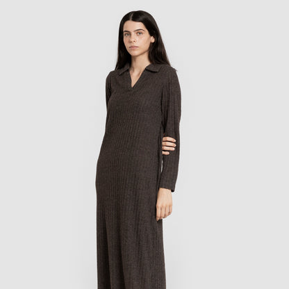 Vestido feminino de manga comprida com lapela canelada, lapela 4x2, cinza carvão