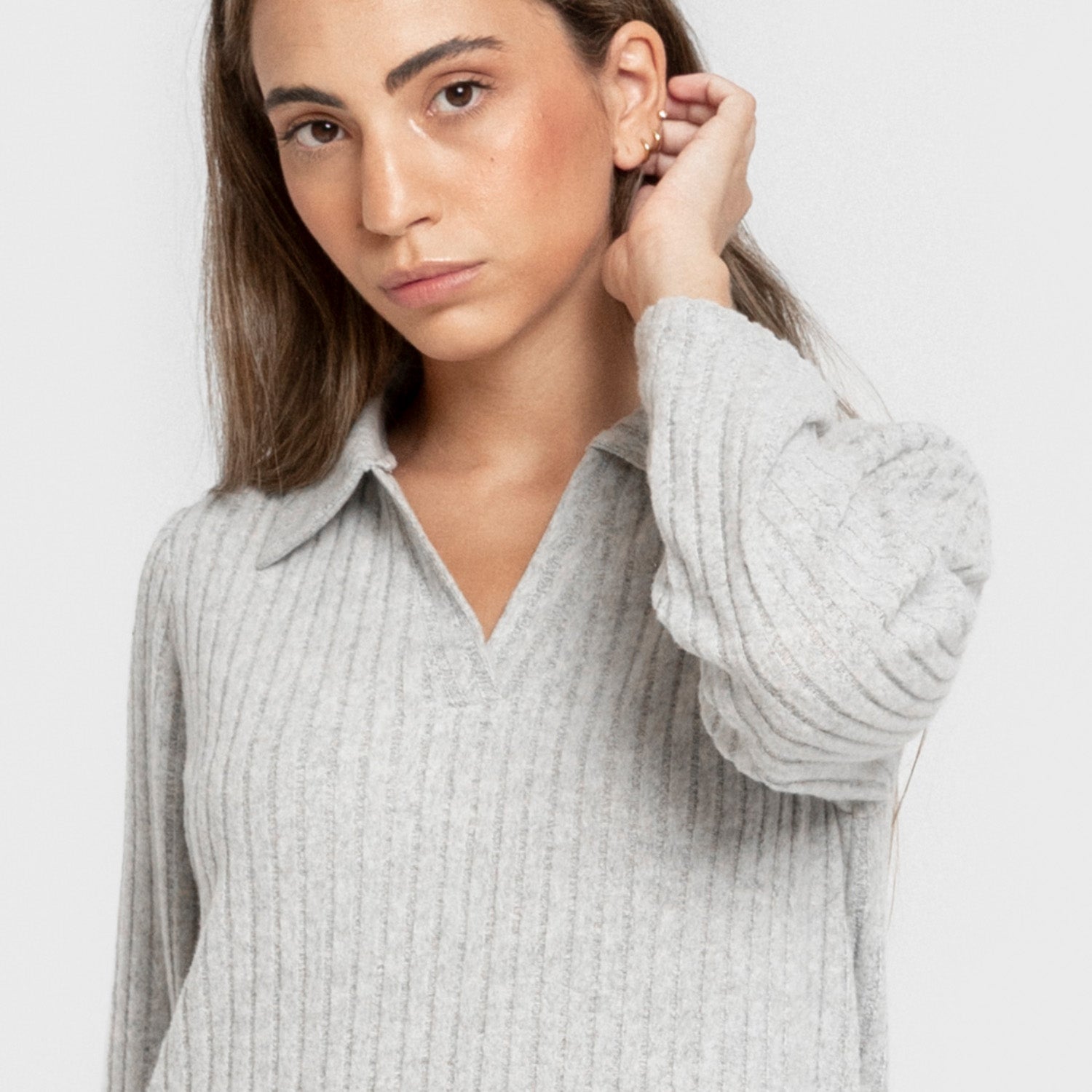 Vestido feminino de manga comprida com lapela e modelagem canelada 4x2, cinza