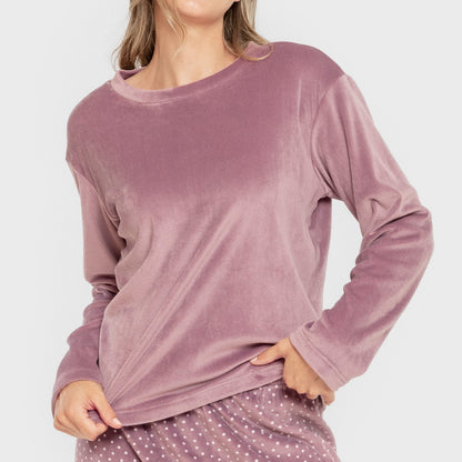 Pijama feminino Lolenda de veludo super macio, cor berinjela.