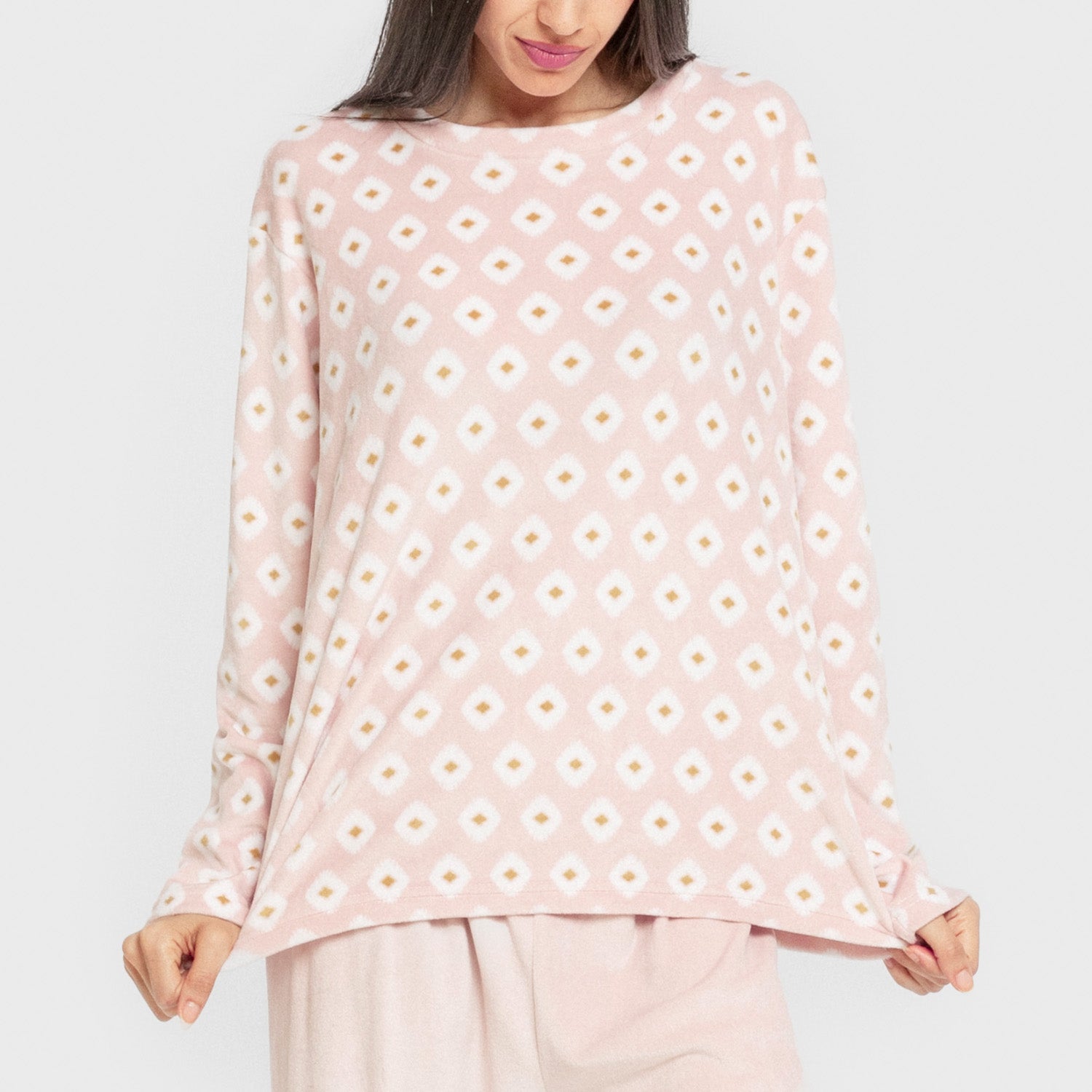 Pijama feminino Joy de veludo super macio, rosa claro.