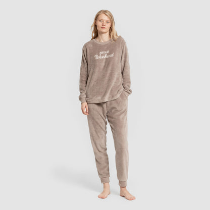 Pijama feminino Hello Weekend em fleece coral com punhos, marrom